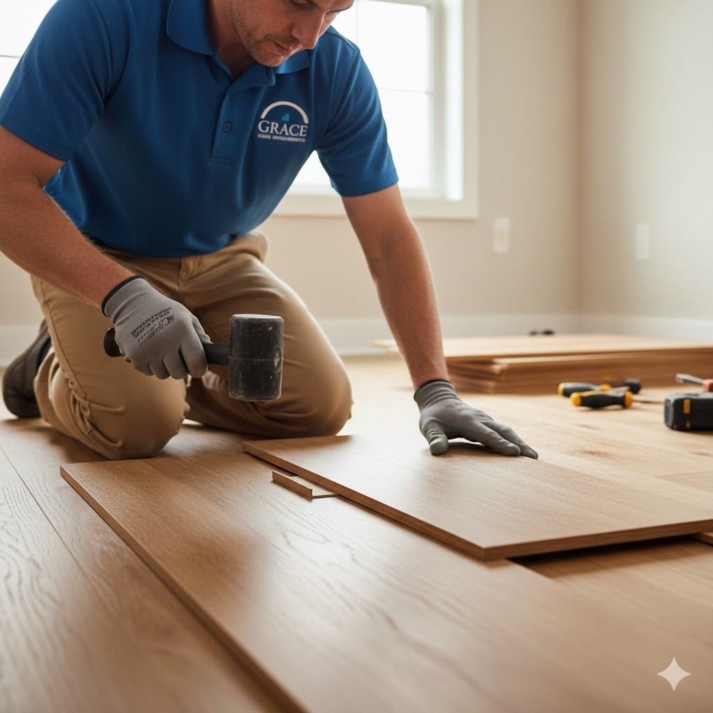Man kneeling, installing wooden flooring with a mallet.
