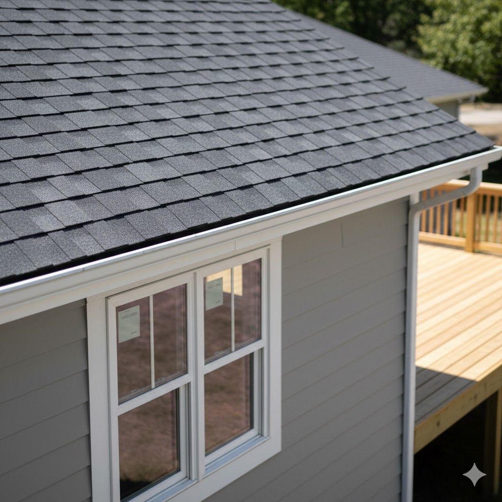 Gray house with a dark shingle roof, white trim, and a wooden deck.