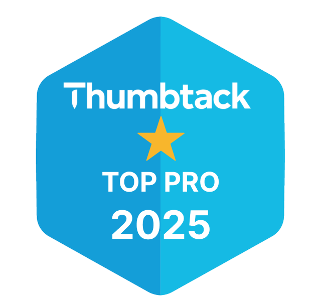 Thumbtack Top Pro badge in blue with white text and a gold star for 2025.