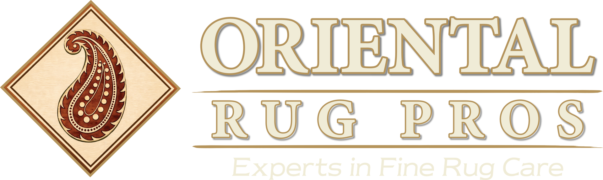 Logo for Oriental Rug Pros featuring a brown paisley design inside a diamond and elegant, beige-colored text.