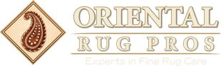 Logo for Oriental Rug Pros featuring a brown paisley design inside a diamond and elegant, beige-colored text.
