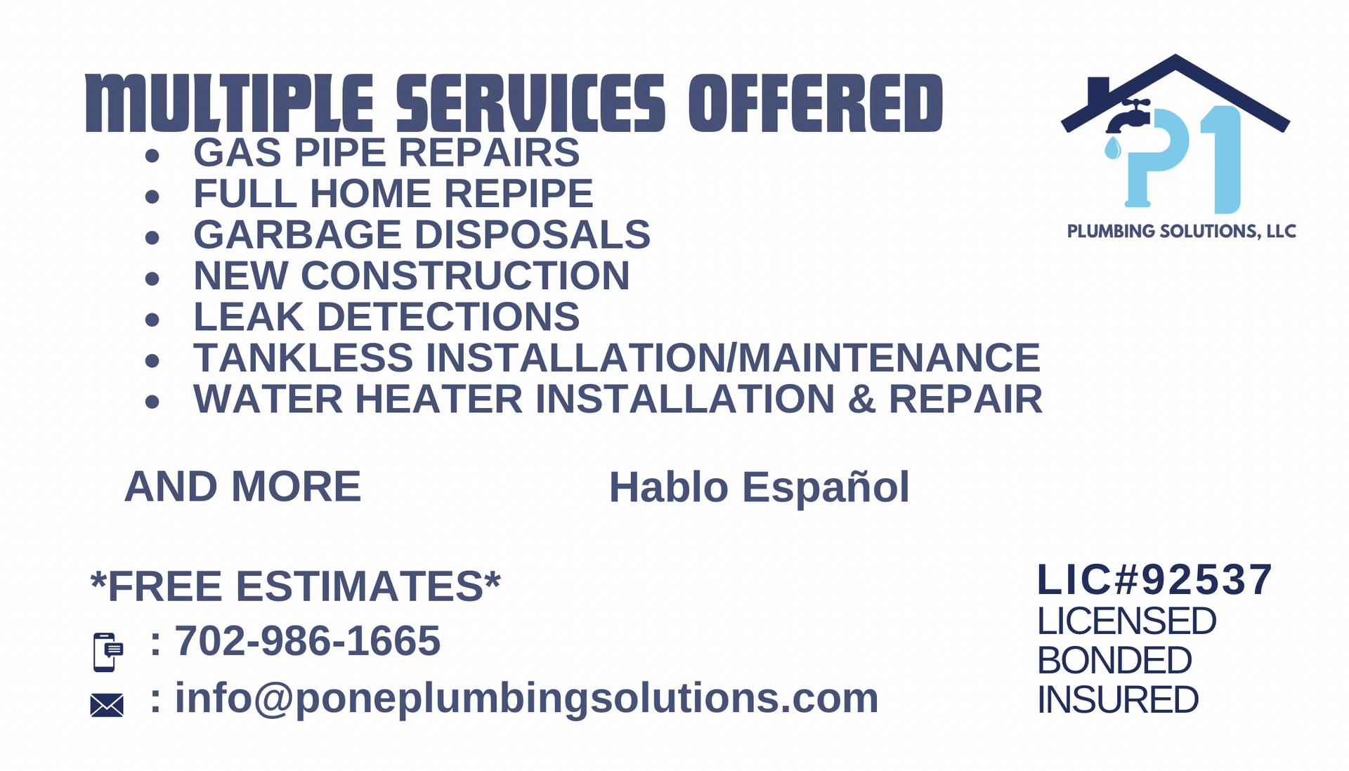 A business card for a plumbing company offering multiple services