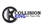 Logo for Collision King Auto Repair Shop featuring a wheel and crown.