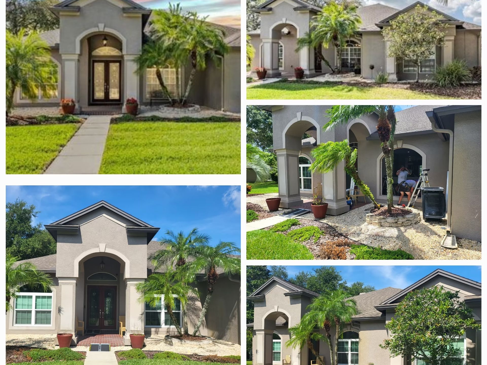 Five views of a light beige stucco house with palm trees, a gray roof, and a green lawn.