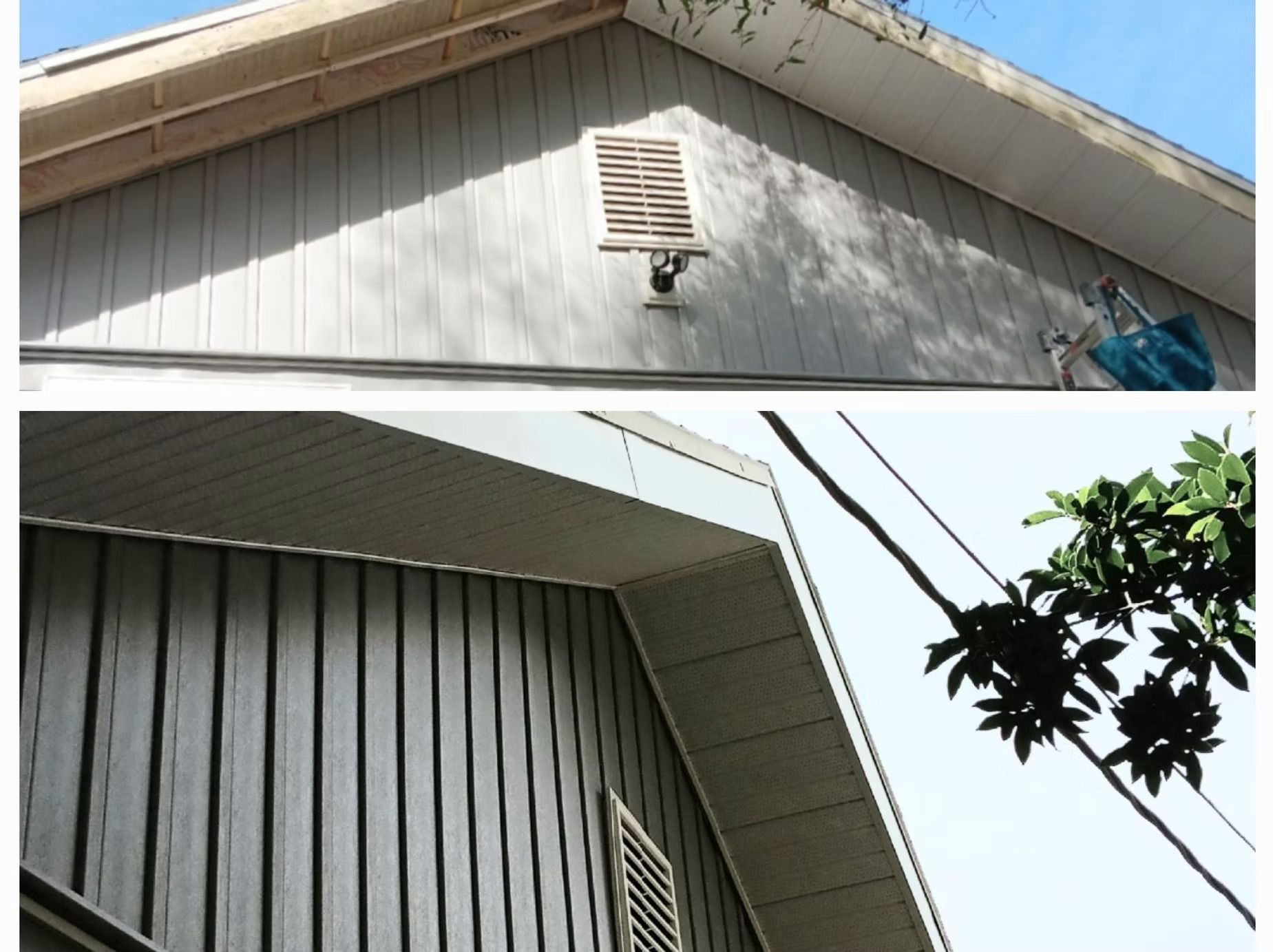 Two sections of a building's exterior showing gray vertical siding, a vent, and a white soffit.