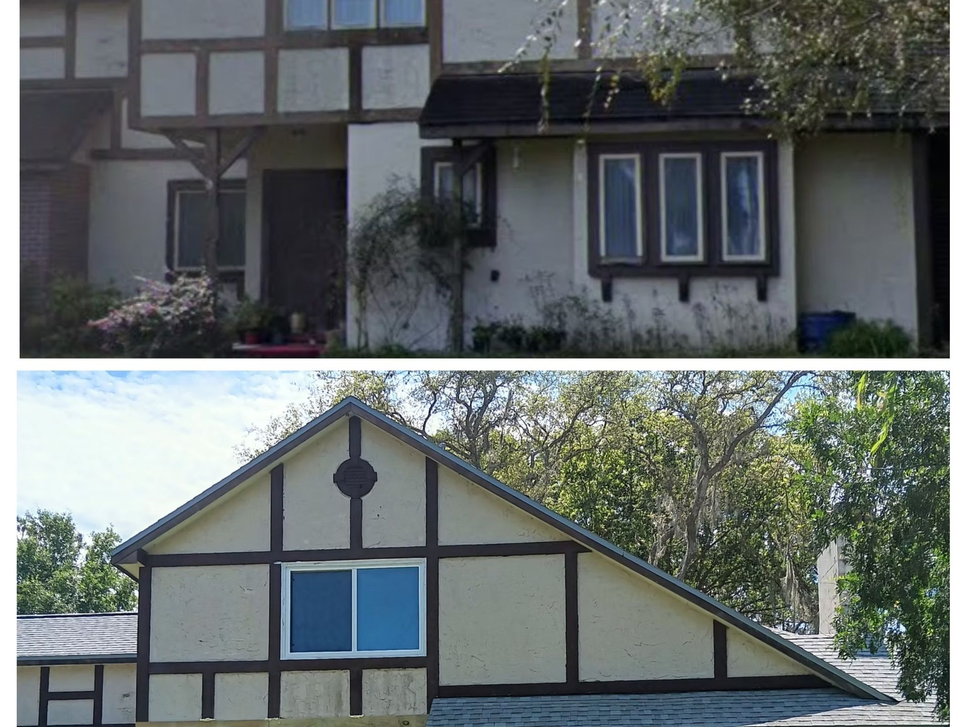 Two views of a building with a Tudor-style facade. Beige walls, dark brown trim, and multiple windows.