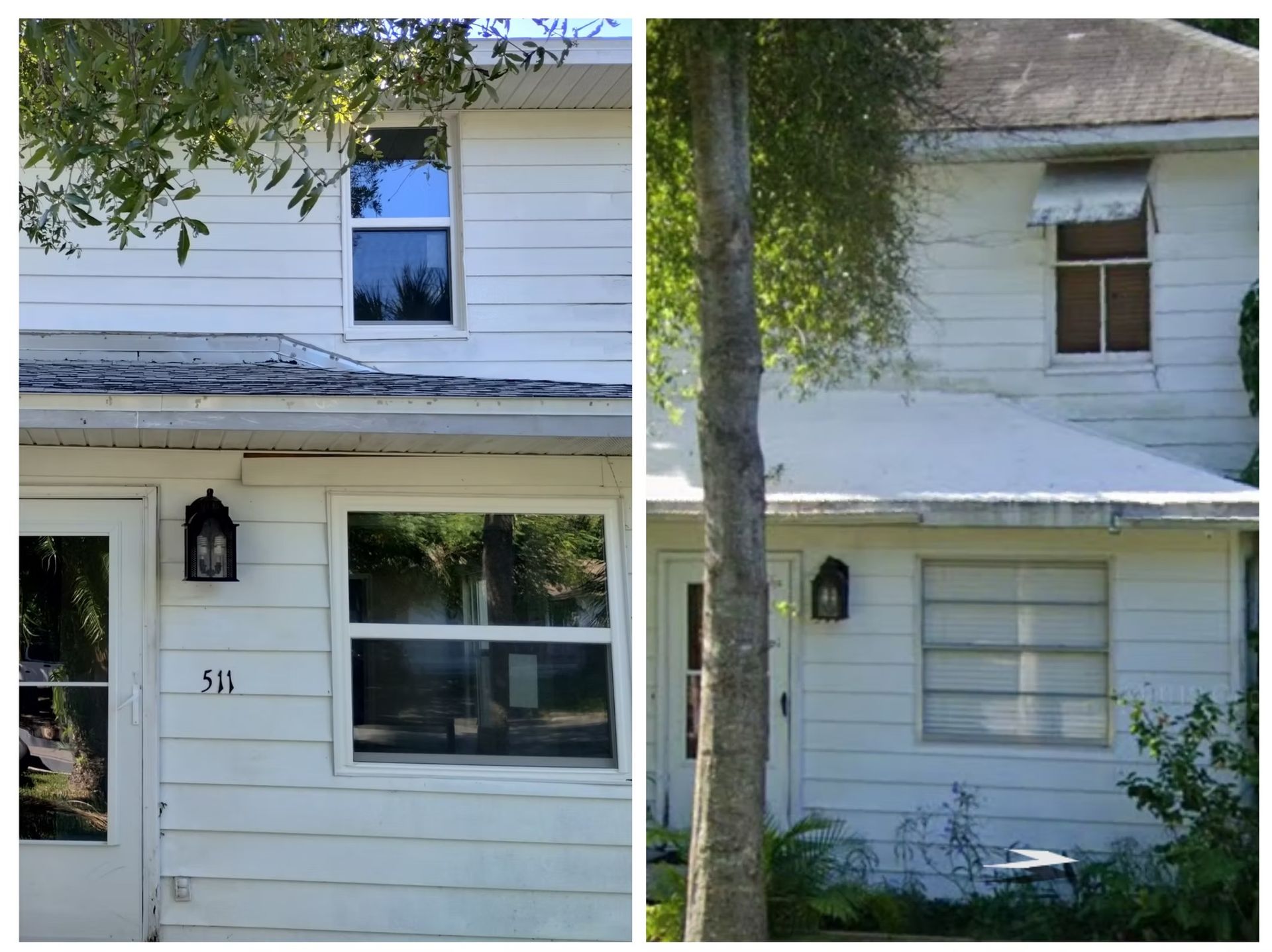 Two-story white house exterior. One image shows clean windows, the other has a window awning. A tree is between them.