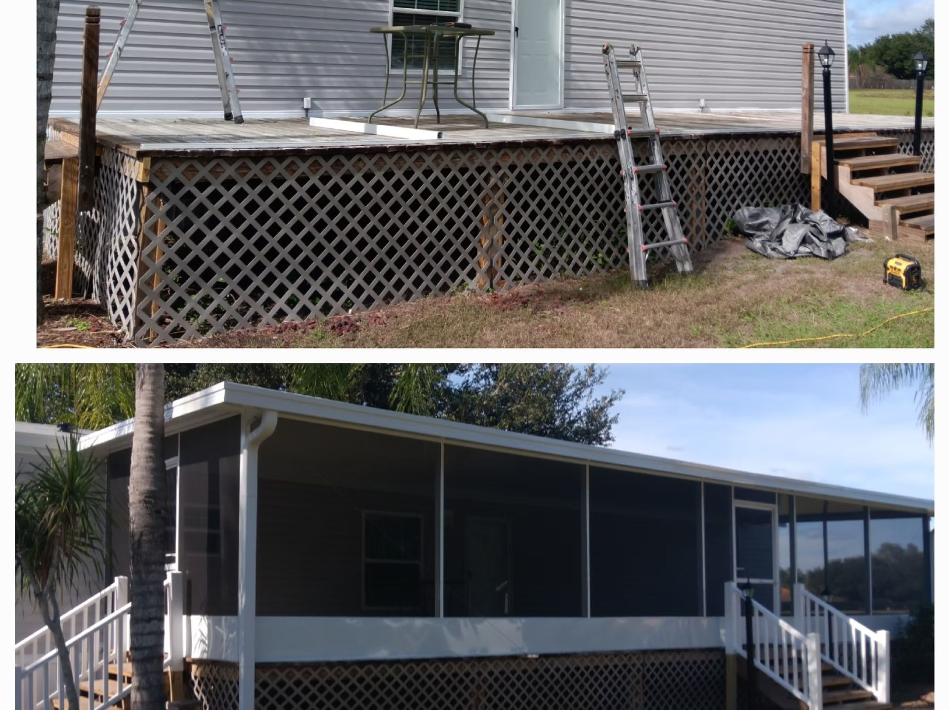 Before and after of a deck. Top shows open deck. Bottom shows enclosed screened porch with white trim.