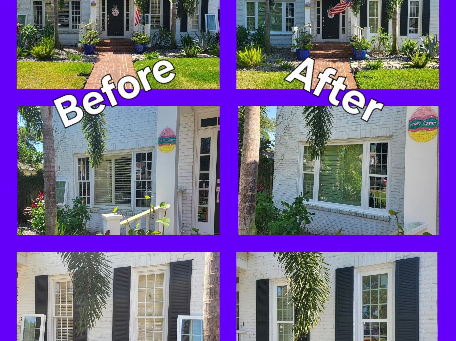 Before and after exterior house renovation: white houses with windows, landscaping, and brick walkways.