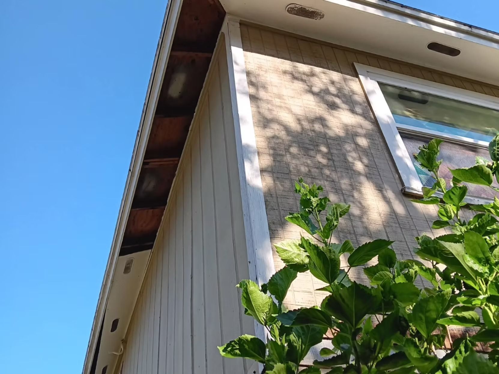 Exterior of a light-colored building with vertical siding, white trim, and a window, against a blue sky.