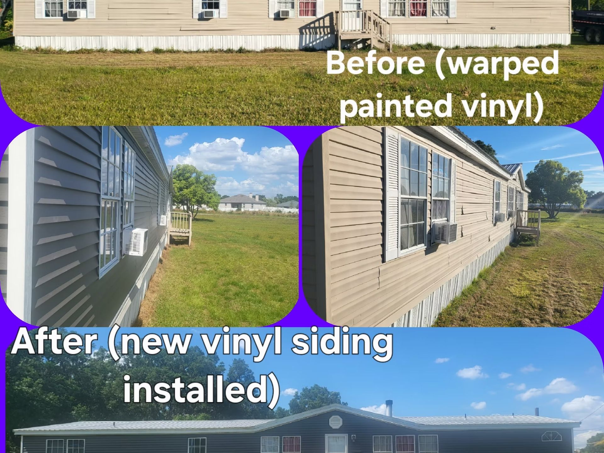 Mobile home with warped, painted vinyl siding before, and new vinyl siding installed after.