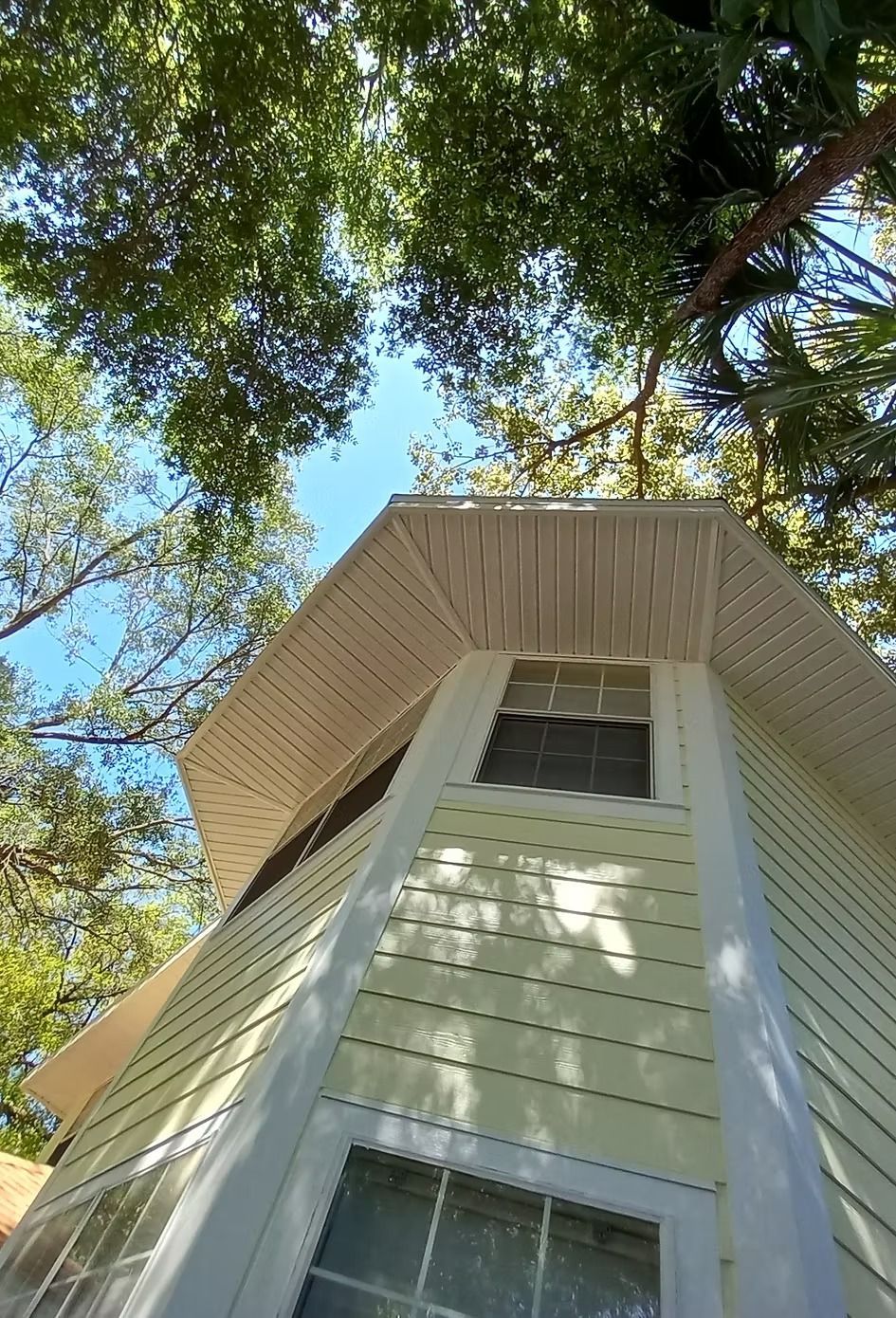 Low-angle view of a yellow house with a white roof, blue sky peeking through tree branches above.