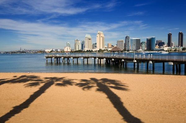 Coronado beach and San Diego cityscape