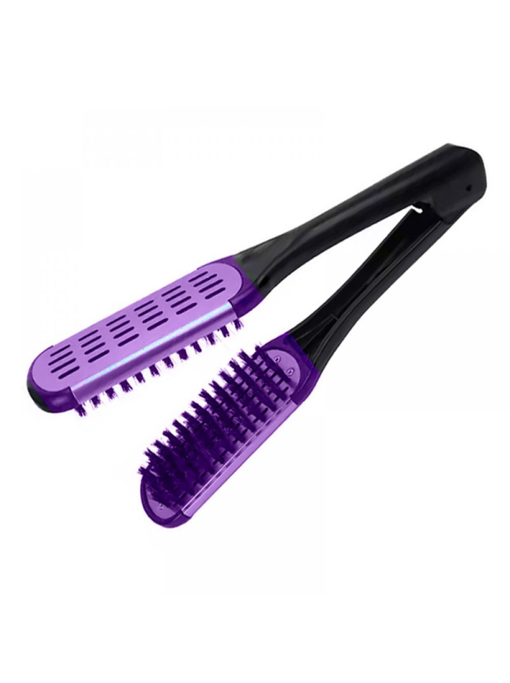 Un cepillo alisador de pelo de doble cara, tipo pinza, con mango negro y placas metálicas de color verde azulado con cerdas