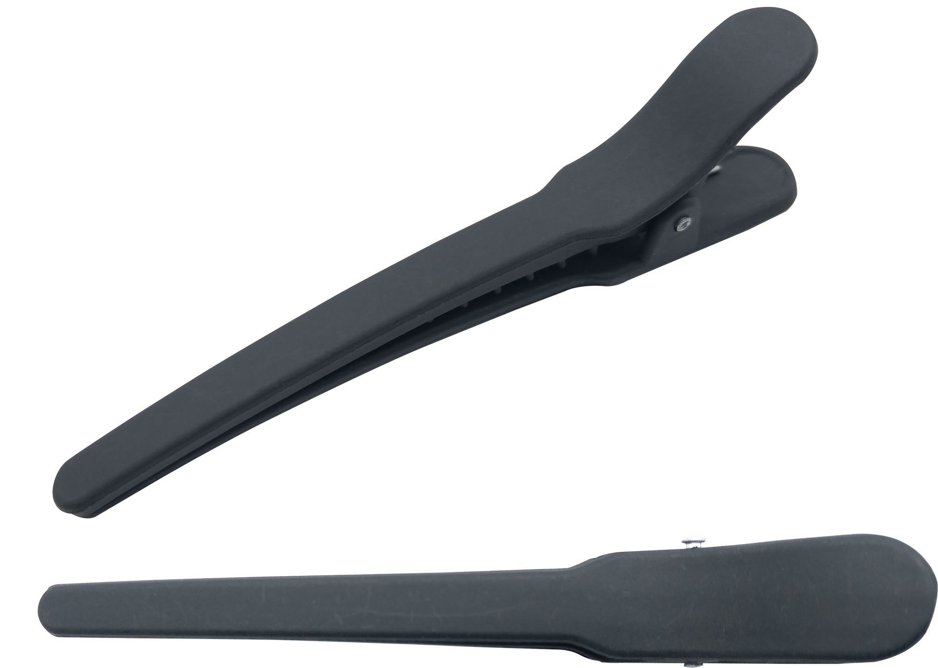 Dos horquillas negras de plástico para peluquería, mostradas desde ángulos laterales y frontales sobre un fondo blanco.