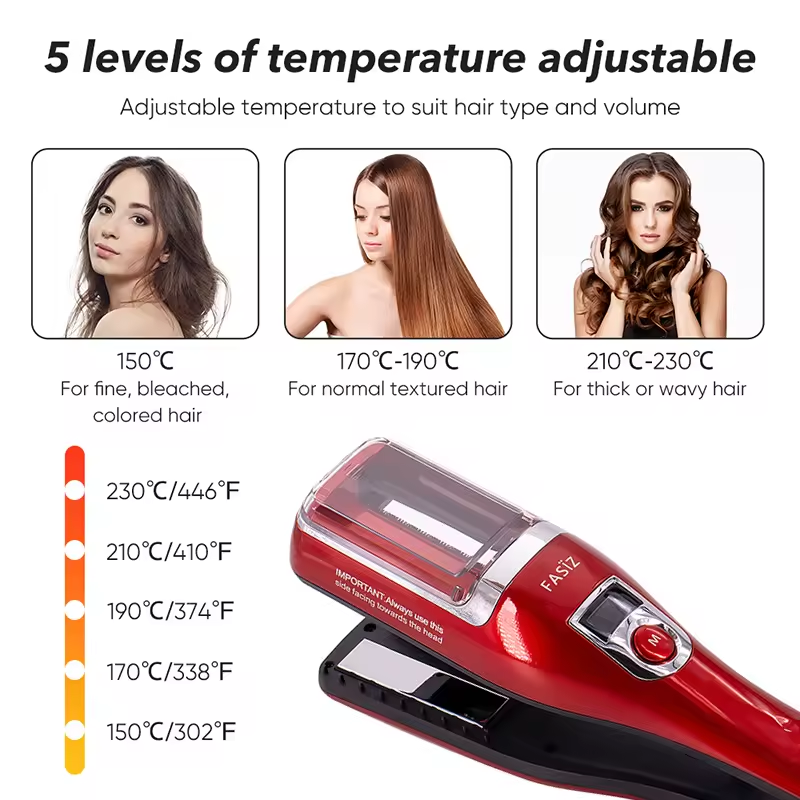 Un kit de plancha y rizador de pelo 2 en 1 de la marca FASIZ, con accesorios, manual de instrucciones y caja de embalaje.