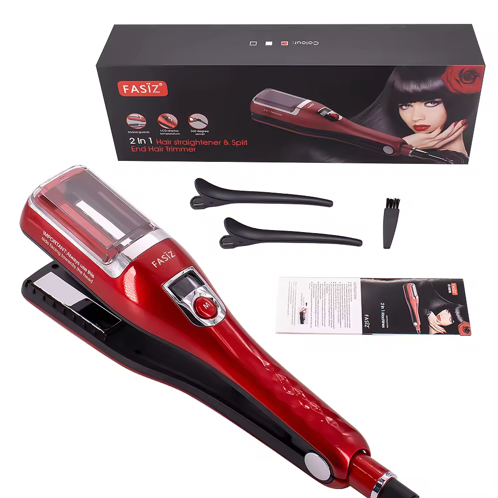 Una plancha y rizador de pelo 2 en 1, que se muestra con su embalaje, dos pinzas para el pelo, un cepillo