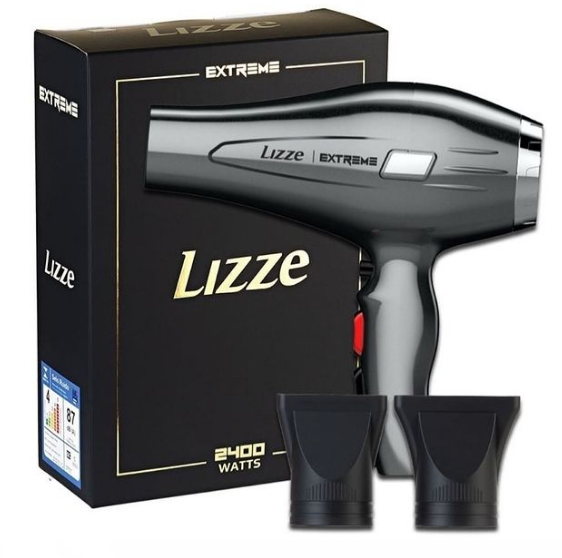 Un secador de pelo Lizze Extreme de color gris con dos boquillas intercambiables, colocado delante de su caja