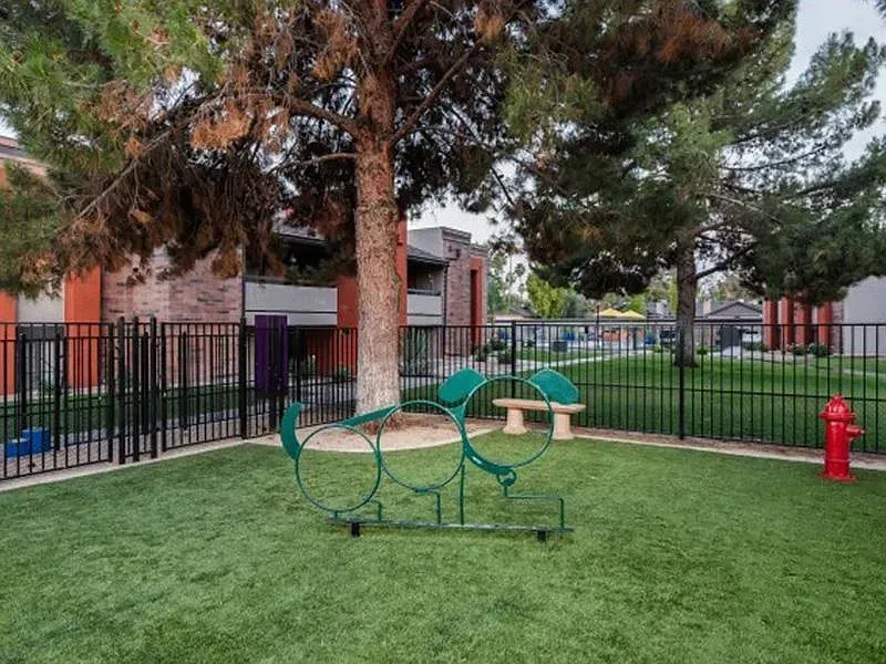 Playground lawn with green metal climbing rings, trees, fence, and a red fire hydrant