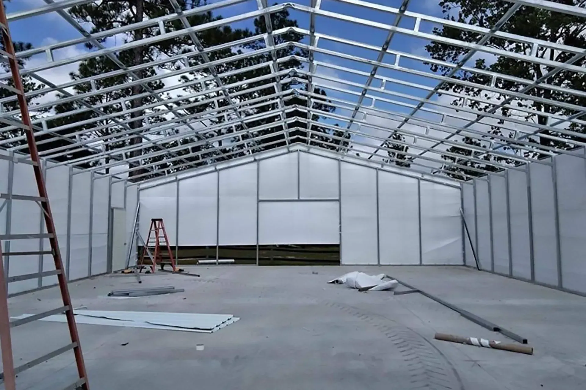 A large building with a ladder in the middle of it is being built.