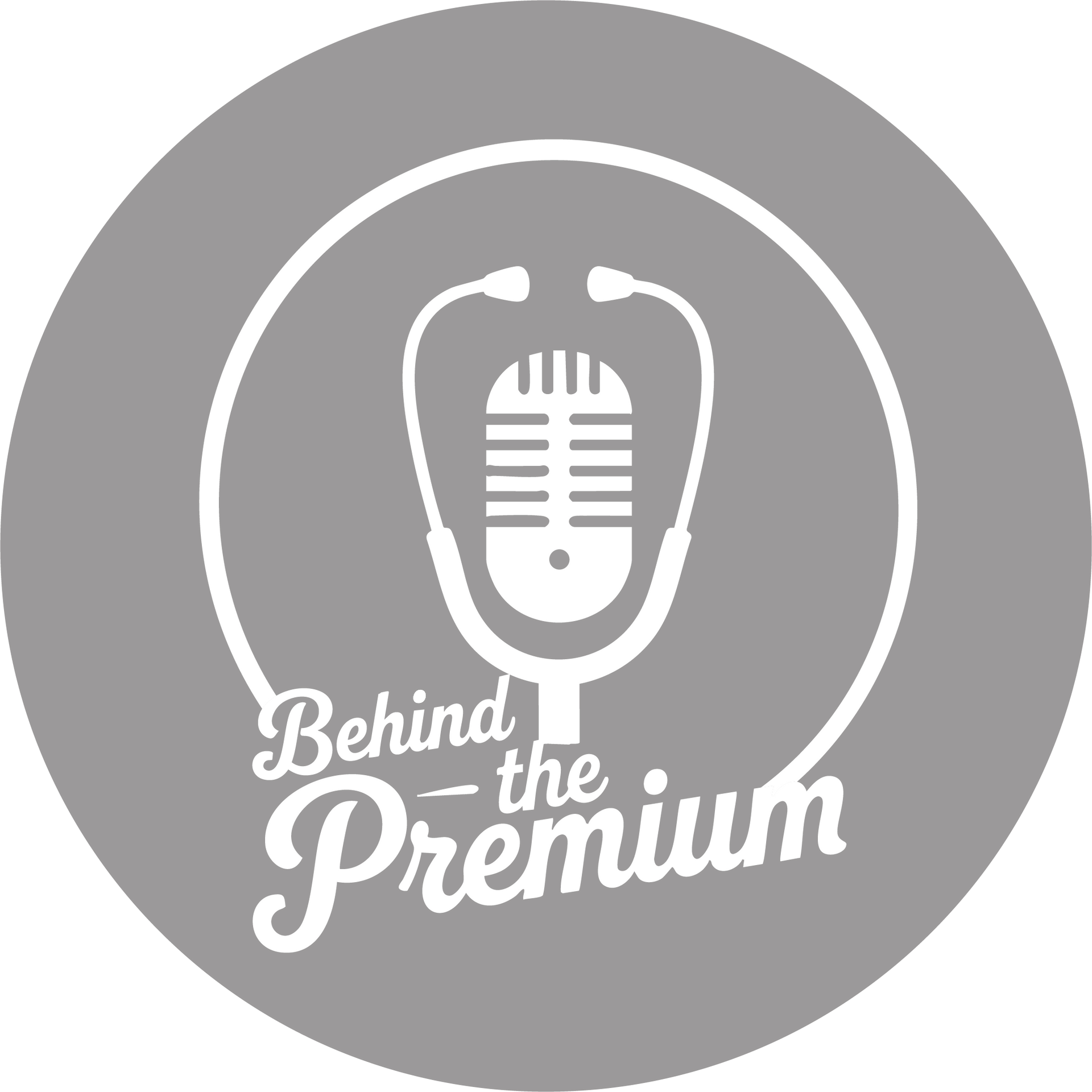 Gray circular logo with a vintage microphone and the words “Behind the Premium”