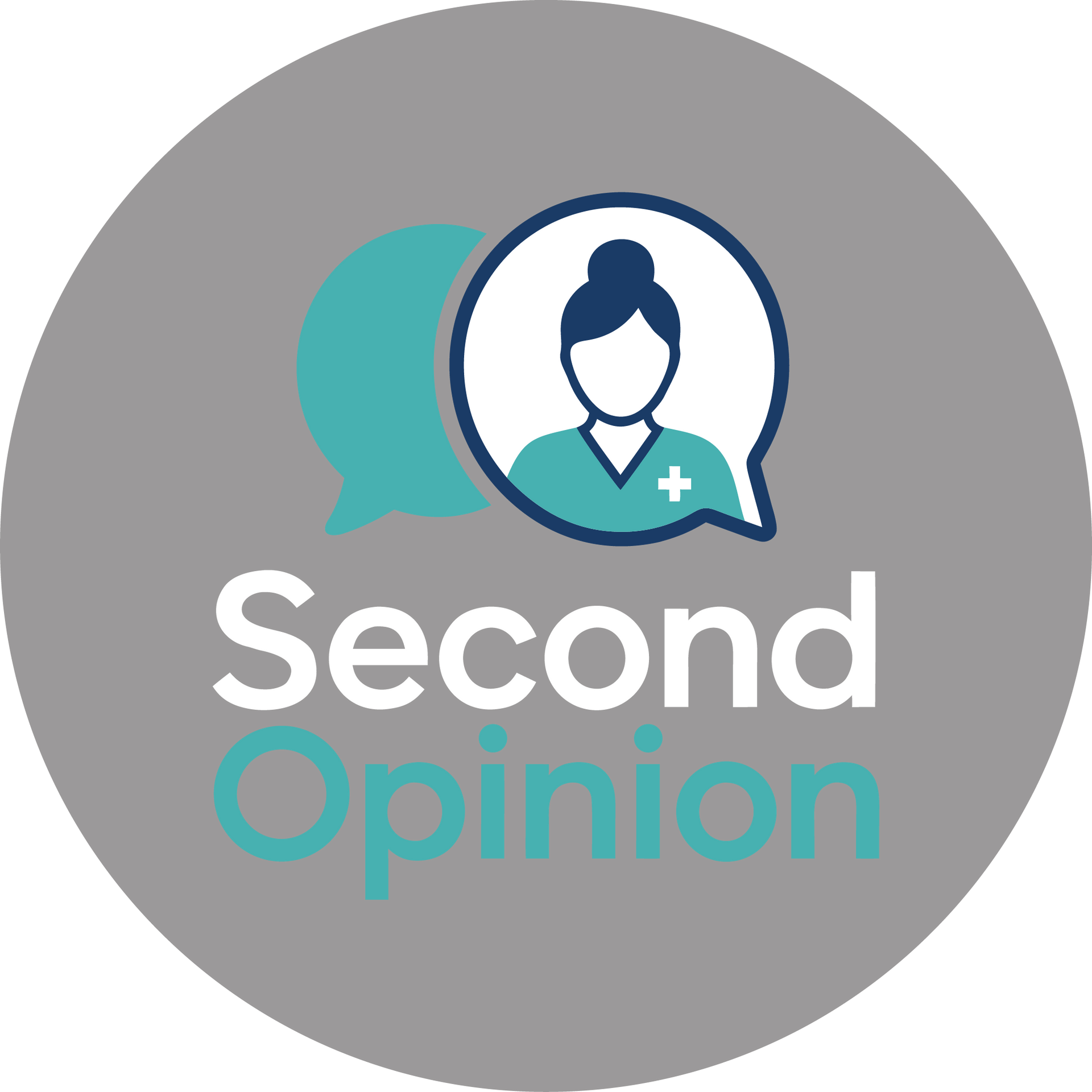 Second Opinion logo with teal speech bubble and doctor icon on gray circle