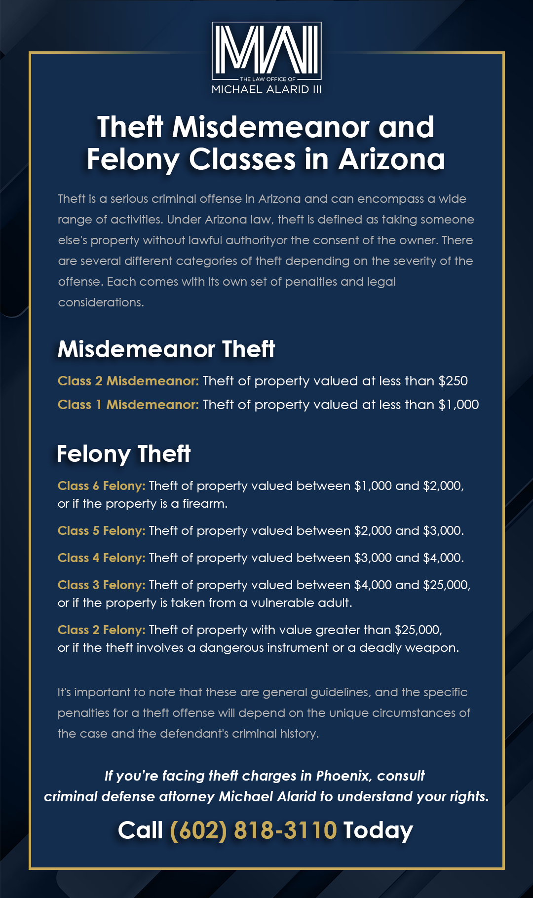 Theft misdemeanor and felony classes in the state of Arizona