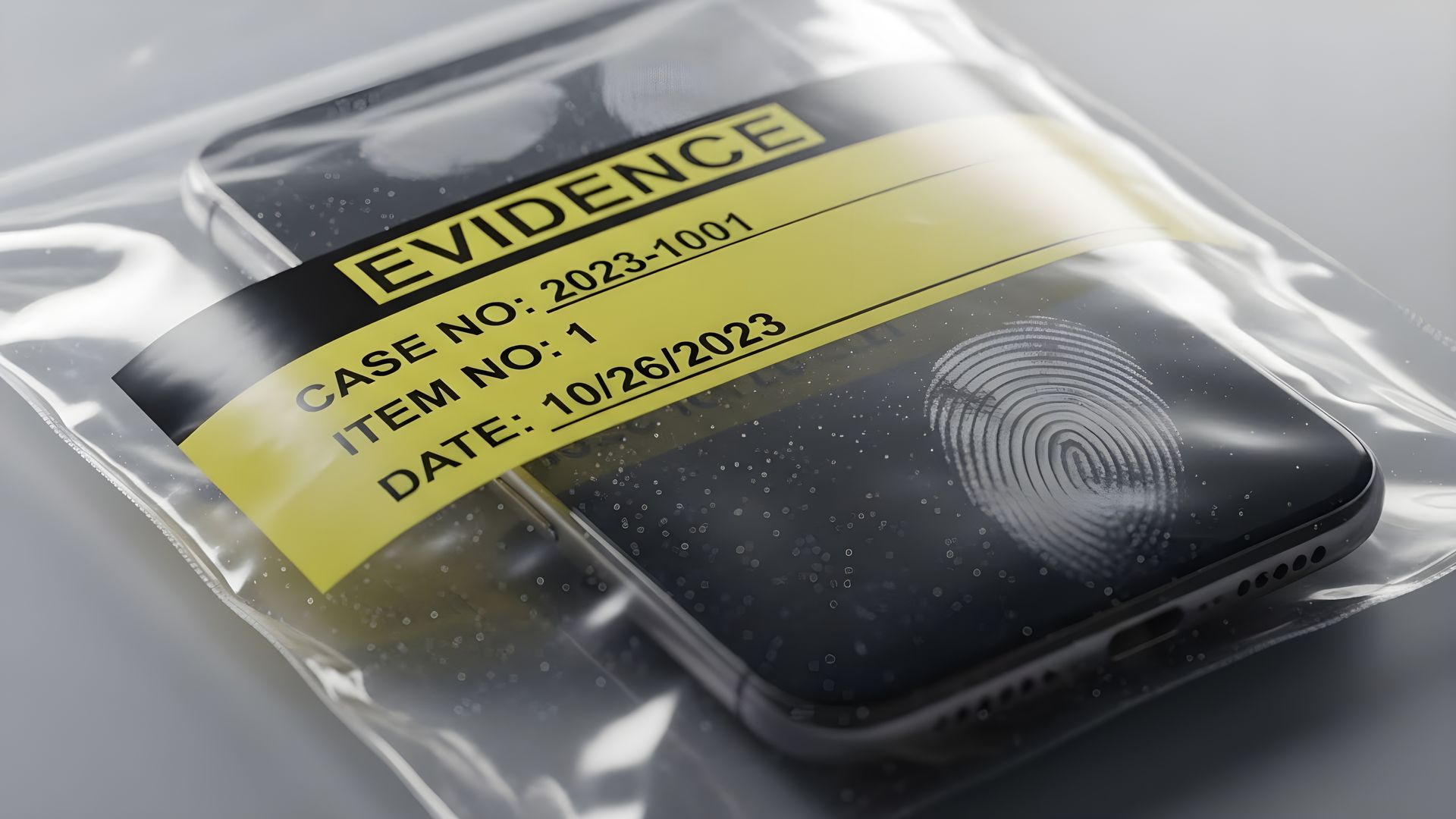 A smartphone sealed in an evidence bag, with an evidence label displaying a case number, item number, and date.