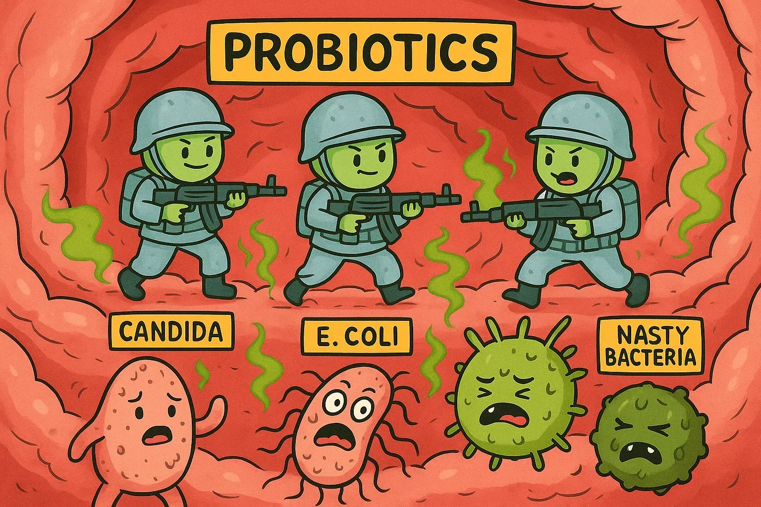 Probiotics as soldiers battle Candida, E. coli, and nasty bacteria in the gut.