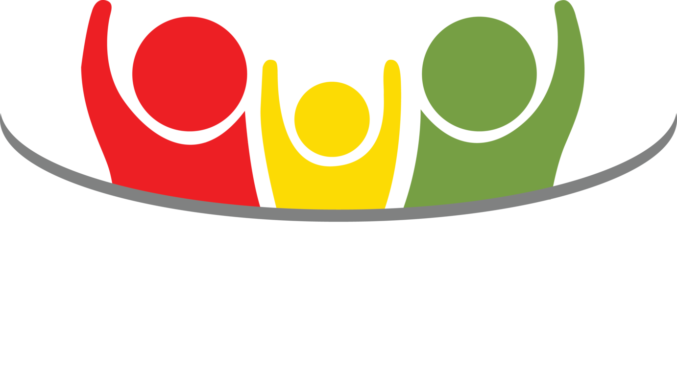 Three stylized people with raised arms: red, yellow, and green, inside a curved gray line. sensitive foods logo