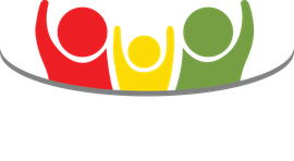 Three stylized people with raised arms: red, yellow, and green, inside a curved gray line. sensitive foods logo