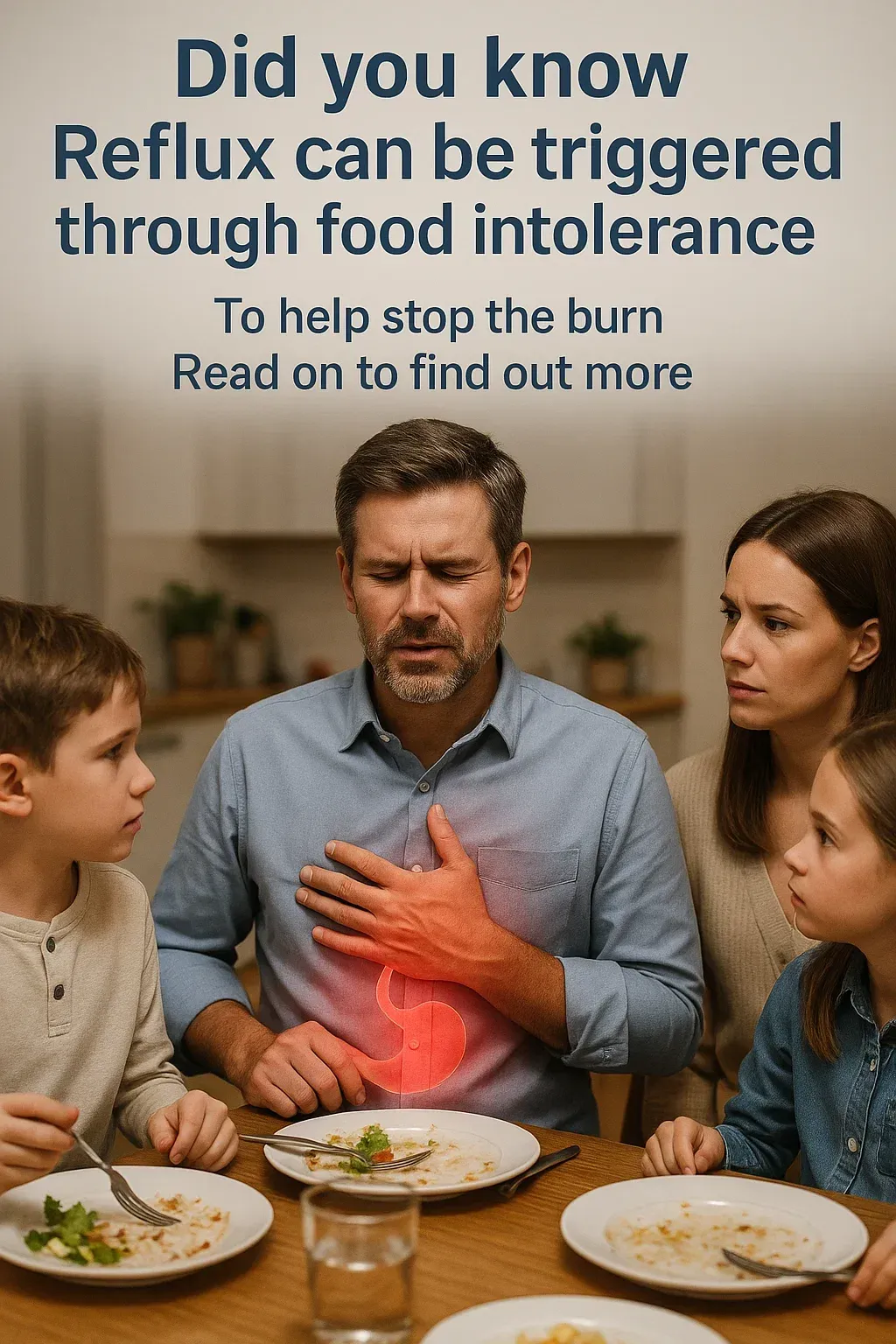 Man experiencing heartburn at the dinner table with family; text highlights food intolerance as a reflux trigger.