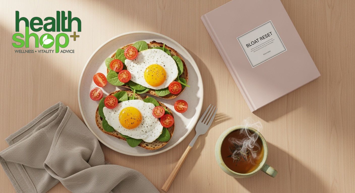 Toast with eggs and tomatoes on a plate, next to a book and cup of tea.