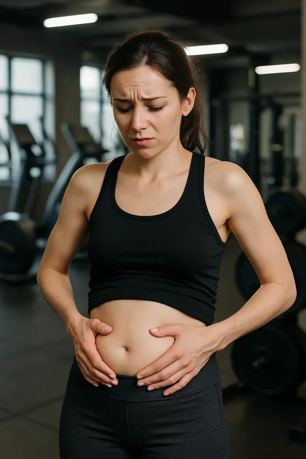Woman in gym holds belly, concerned expression.