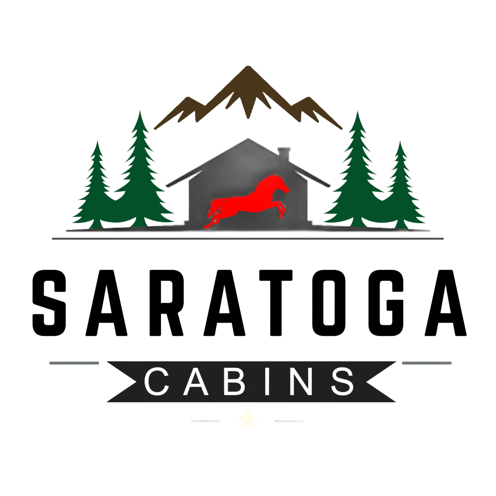 Logo: Saratoga Cabins; cabin silhouette with red horse, mountains, pine trees.
