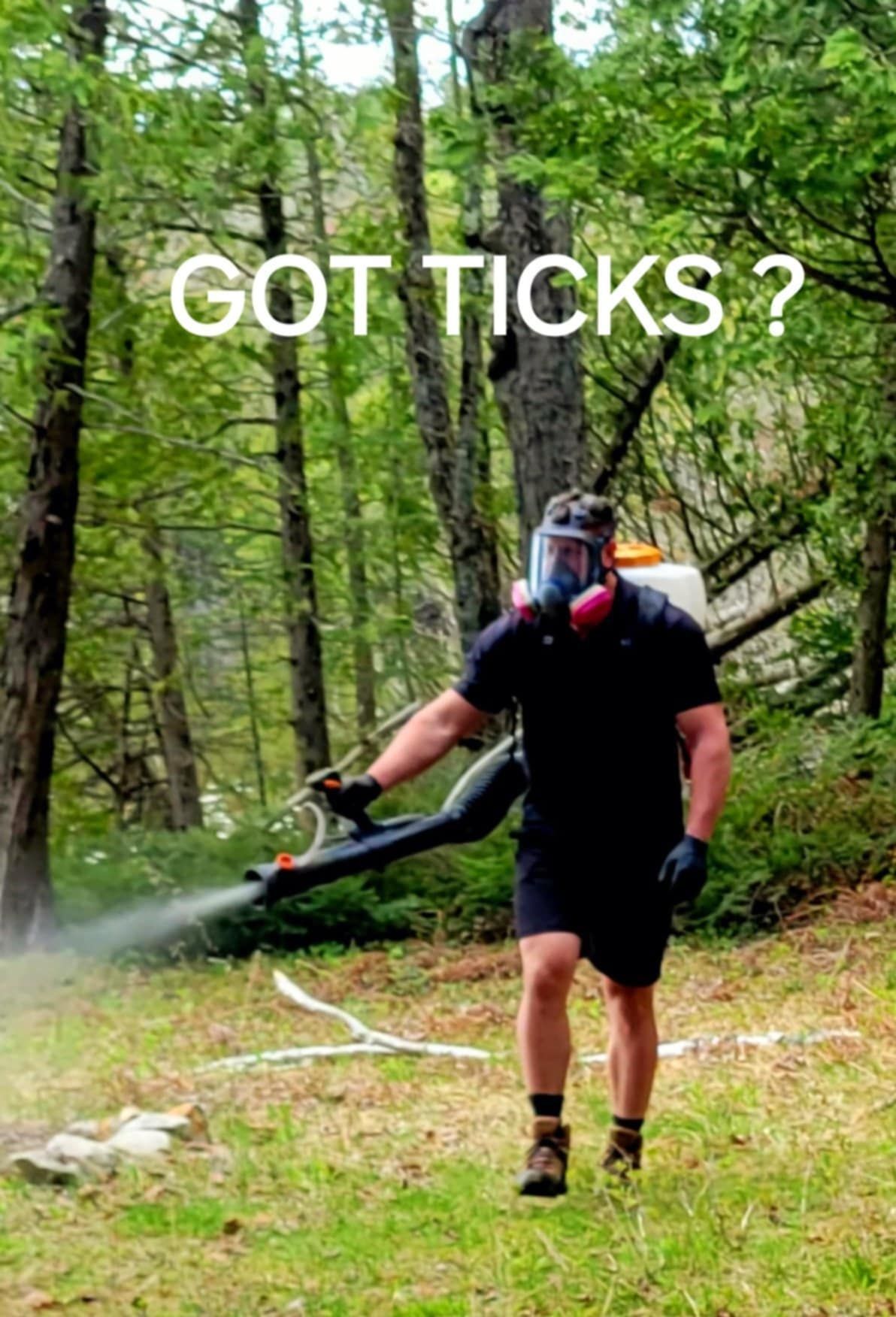 A man wearing a gas mask is spraying ticks in the woods.