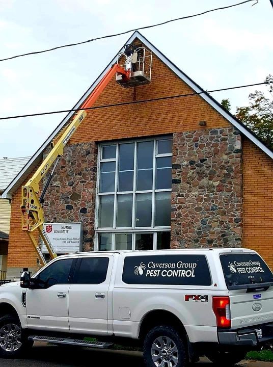 A white truck is parked in front of a brick building.