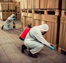 Two men in protective suits are spraying boxes in a warehouse.
