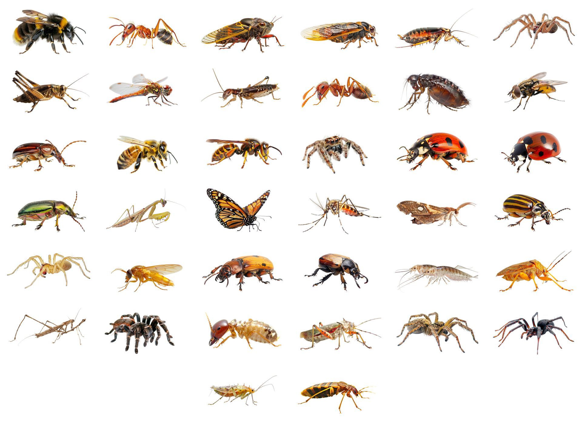 There are many different types of insects on a white background.