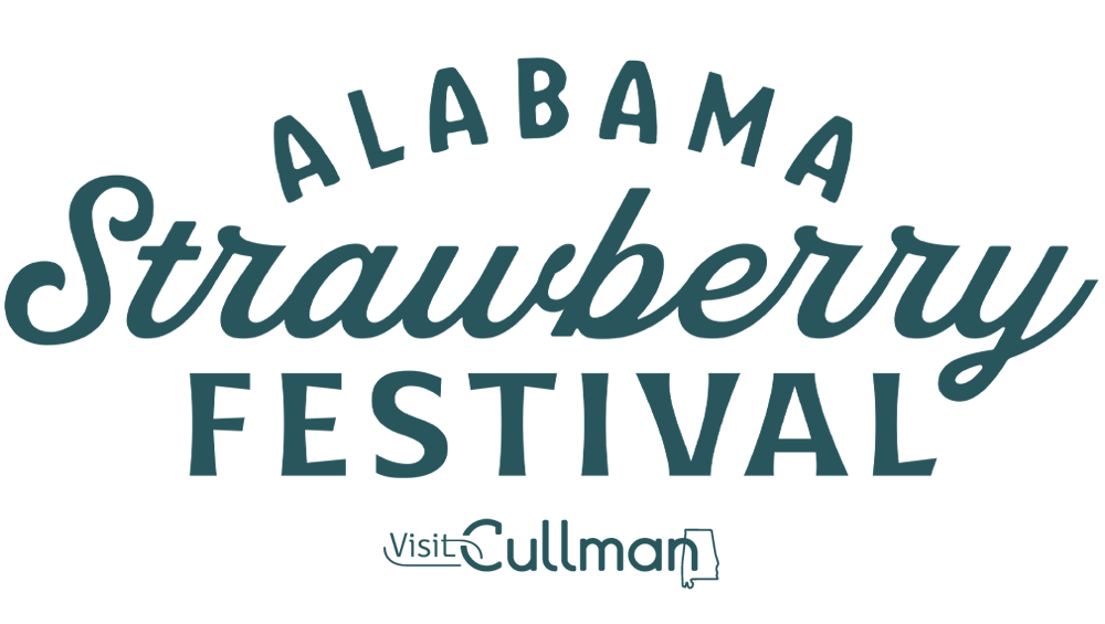 The logo for the alabama strawberry festival is blue and white.