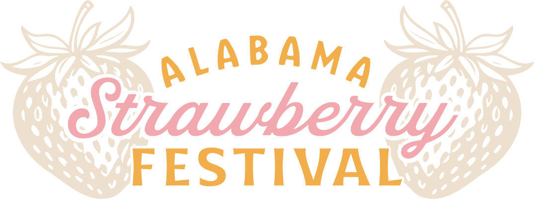 The logo for the alabama strawberry festival with two strawberries on a white background.