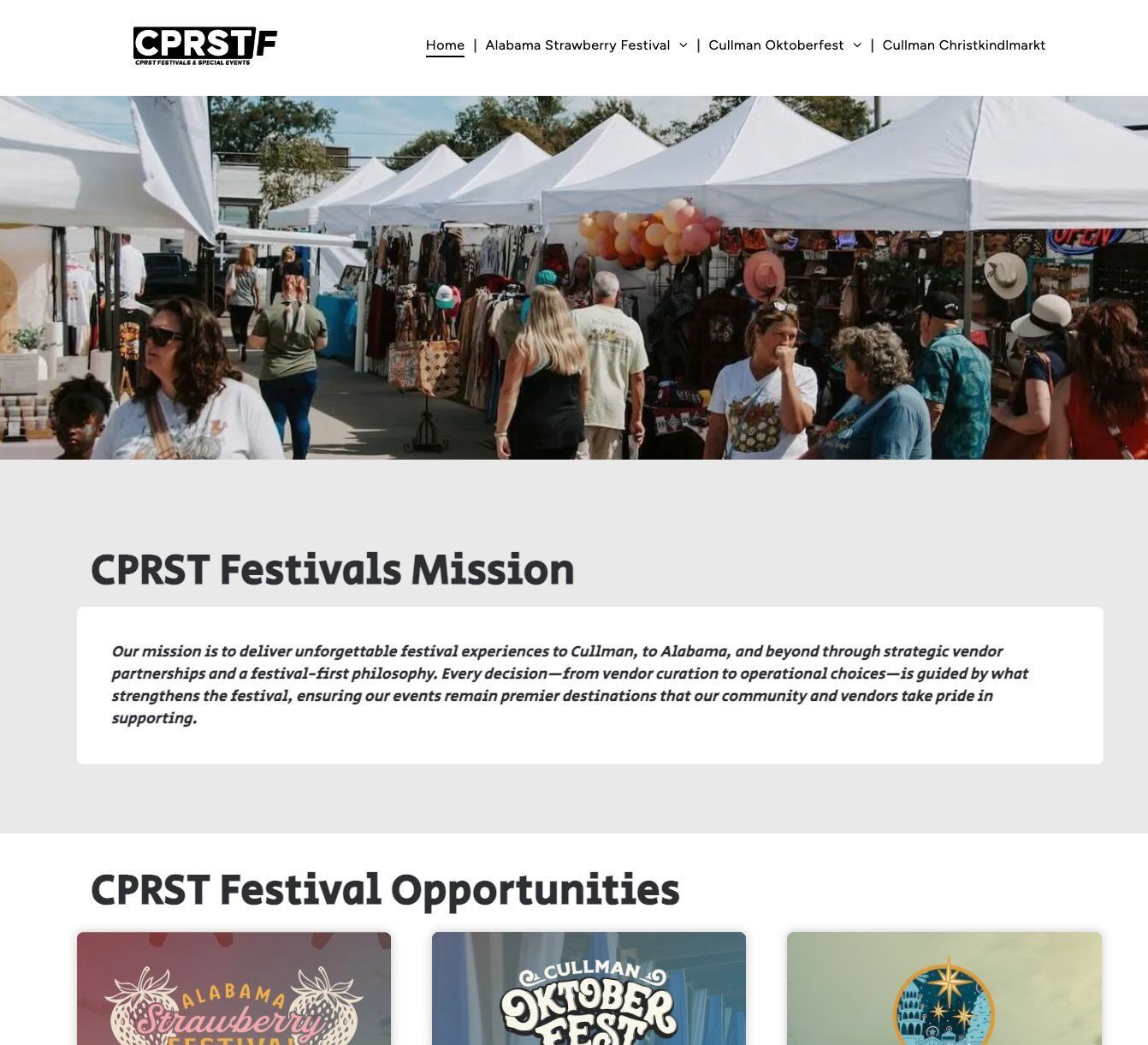 A street festival with vendors under white tents, people browsing, and a website header.
