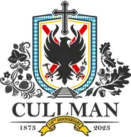 A coat of arms with a bird , cross , flowers and leaves.