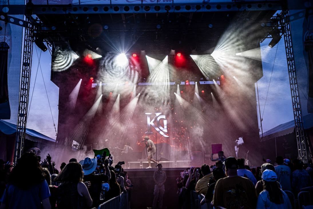 A live concert stage with bright spotlights, smoke, and a large crowd facing a performer under a glowing logo.