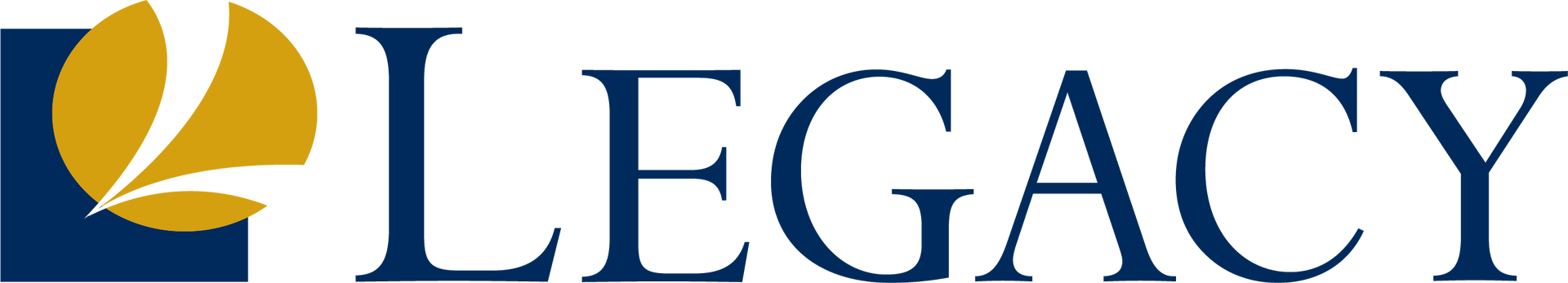 The Legacy company logo featuring a blue square with a gold leaf design next to the text 