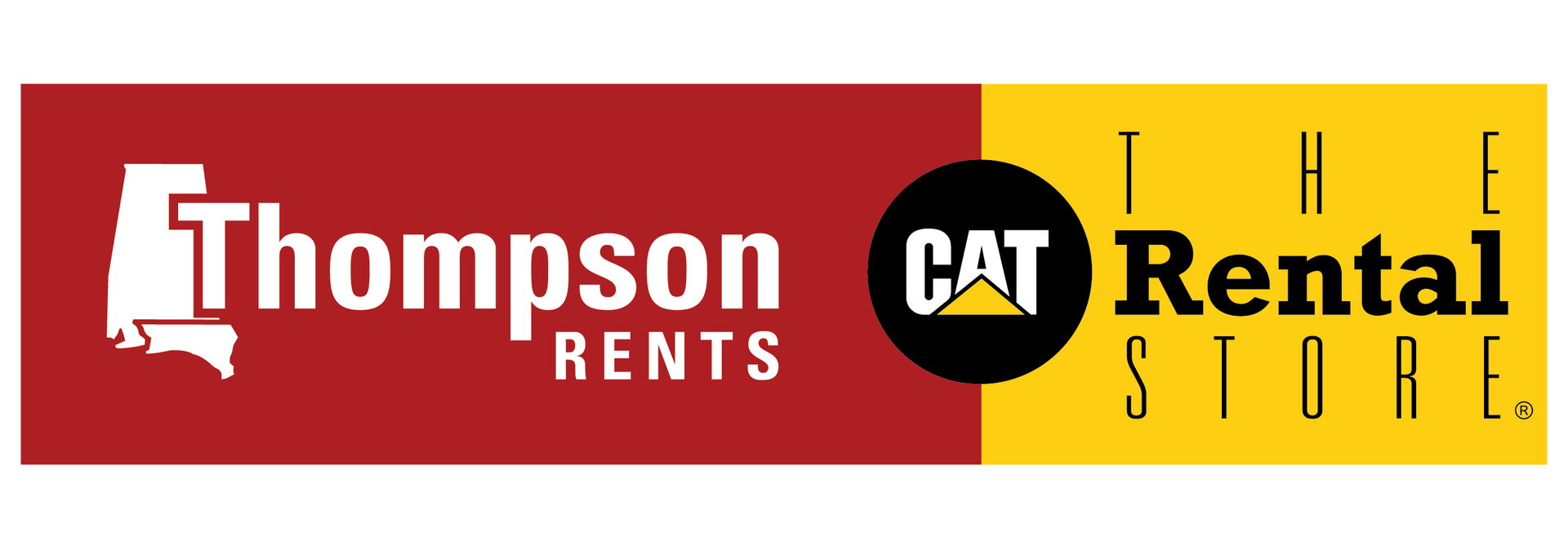 Thompson Rents CAT Rental Store logo: red and yellow horizontal bar with white text and Alabama outline.