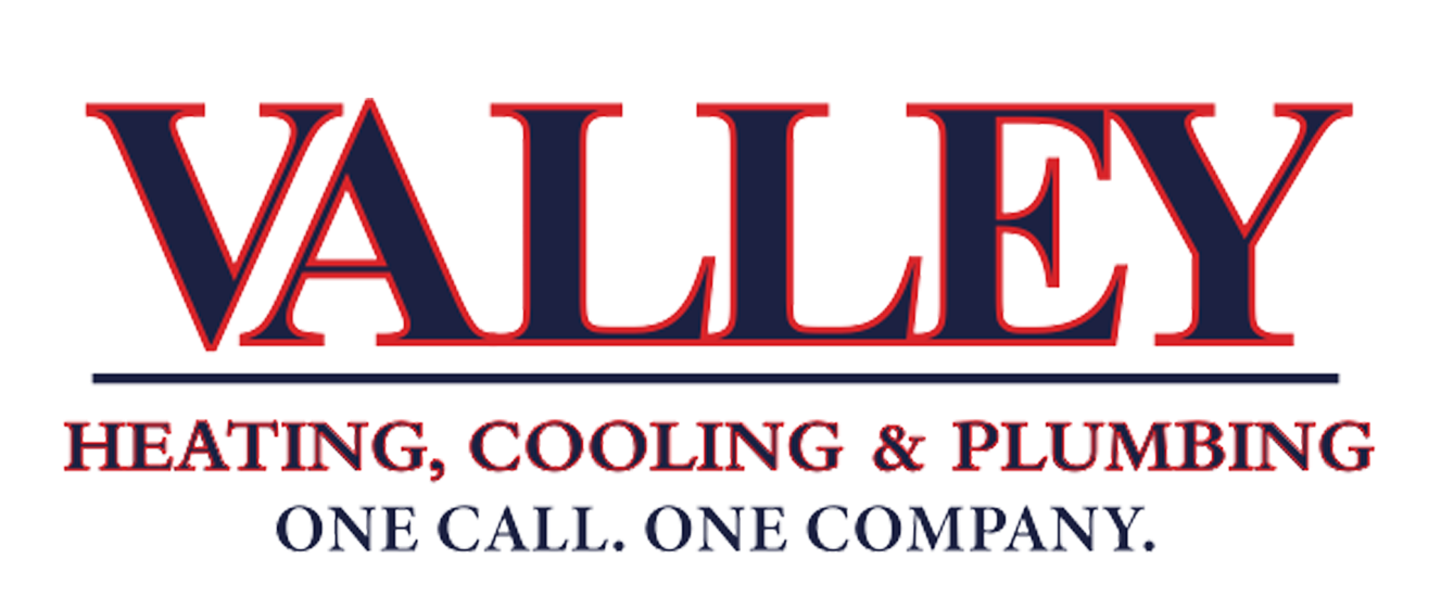 Logo for Valley Heating, Cooling & Plumbing, featuring blue text on a white background with the slogan below.