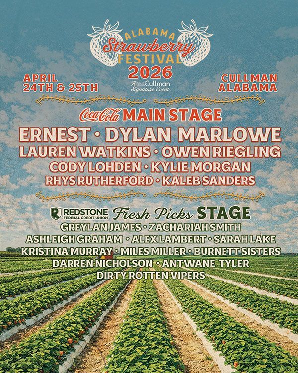 Poster for the 2026 Alabama Strawberry Festival. Featuring bands on the Coca-Cola Main Stage and Fresh Picks Stage, with strawberry field background.