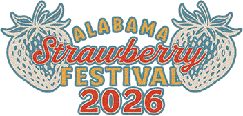 The logo for the alabama strawberry festival with two strawberries on a white background.