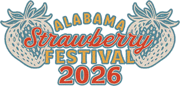 The logo for the alabama strawberry festival with two strawberries on a white background.
